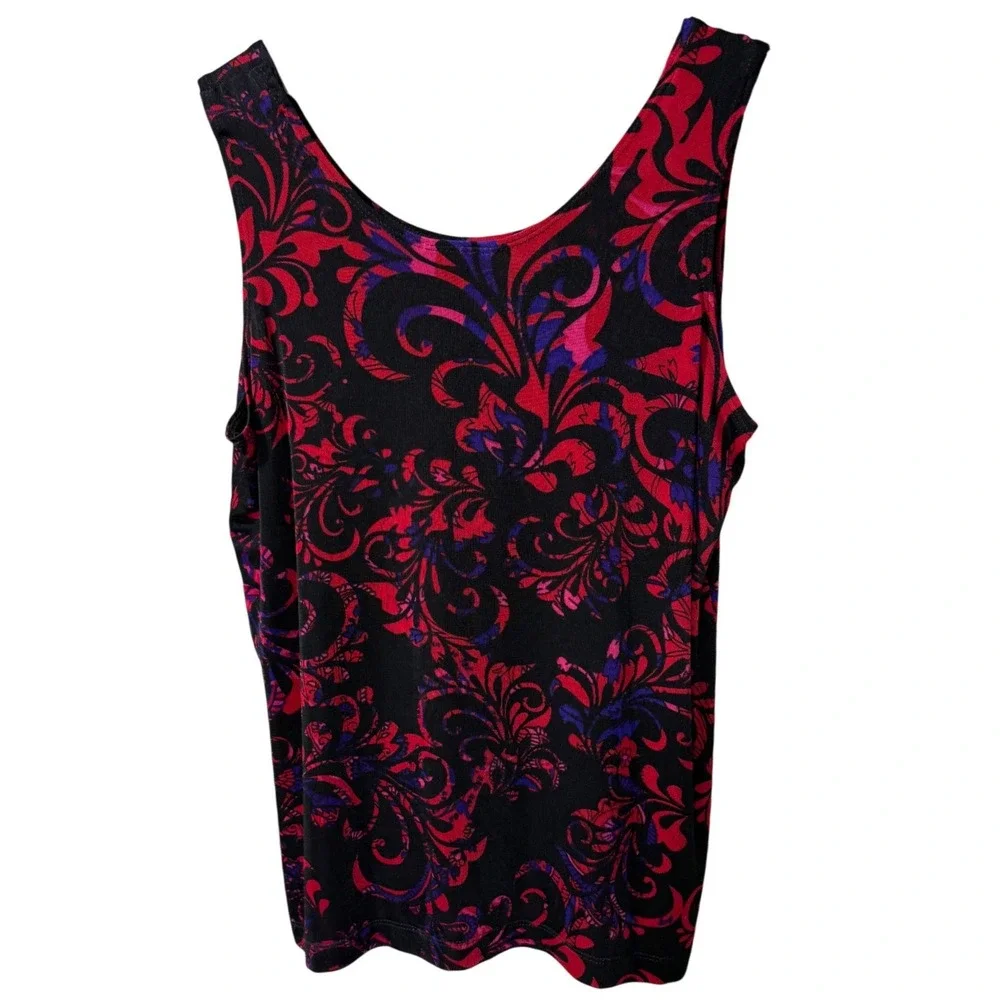 Chicos Travelers Tank Top Size 2 Large Black Red Purple Paisley Scroll Print